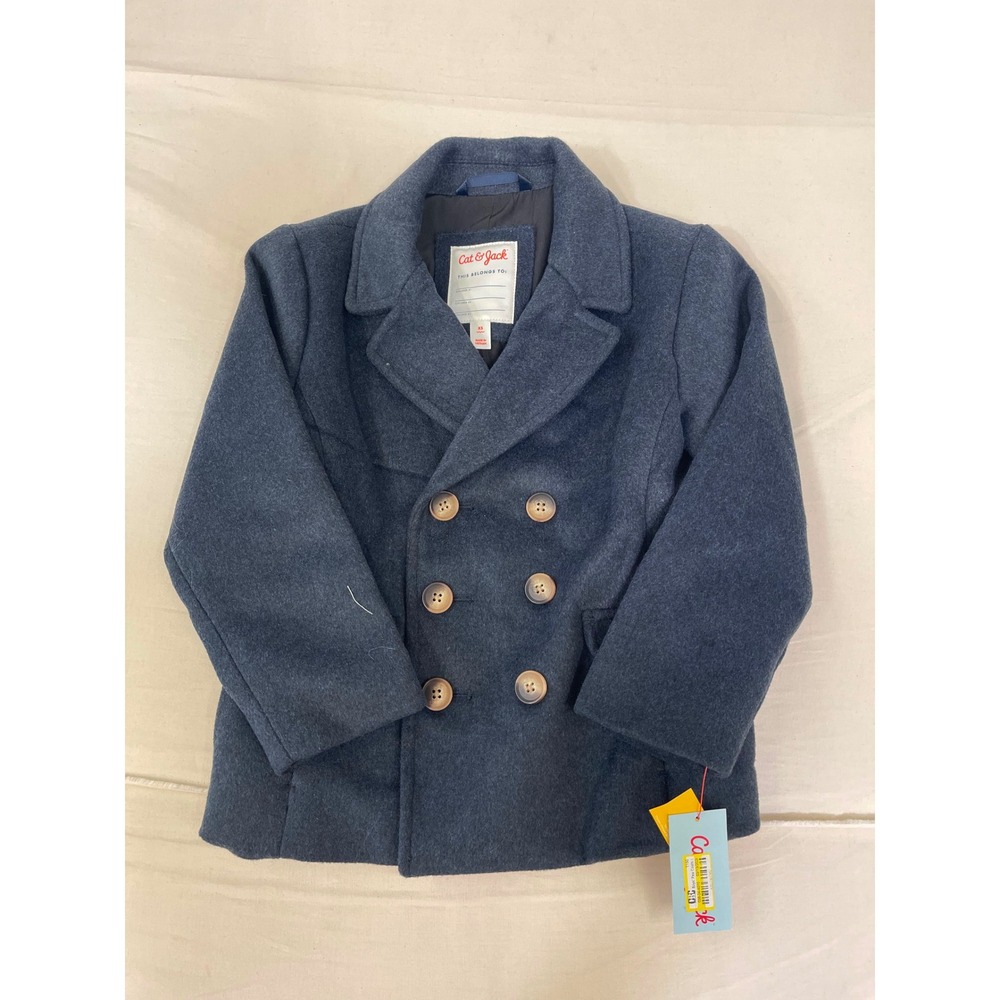 Cat & Jack Boys Navy Blue Double Breasted Pea Coat Jacket XS 4-5 New